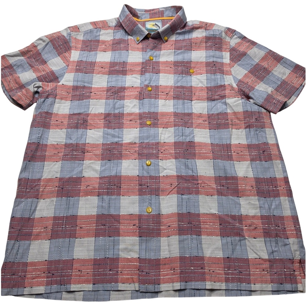 Tommy Bahama Island Modern Fit Silk Cotton Plaid Shirt Mens XL Red Blue Textured
